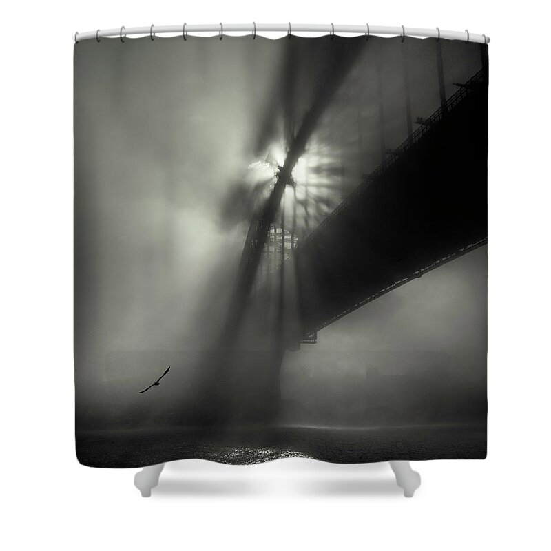 Monochrome Shower Curtain featuring the photograph One Morning at the Bridge by Grant Galbraith