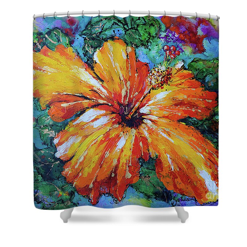 Orange Hibiscus Shower Curtain featuring the painting Orange Hibiscus by Jyotika Shroff