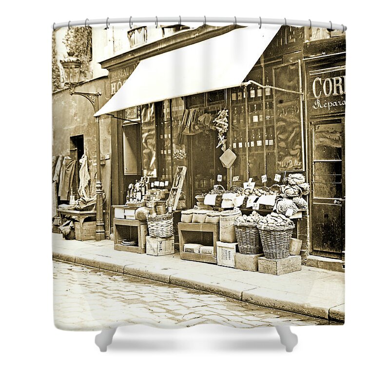 Side Street Shower Curtain featuring the photograph Paris, France, Side Street with Shops, 1903 #2 by A Macarthur Gurmankin