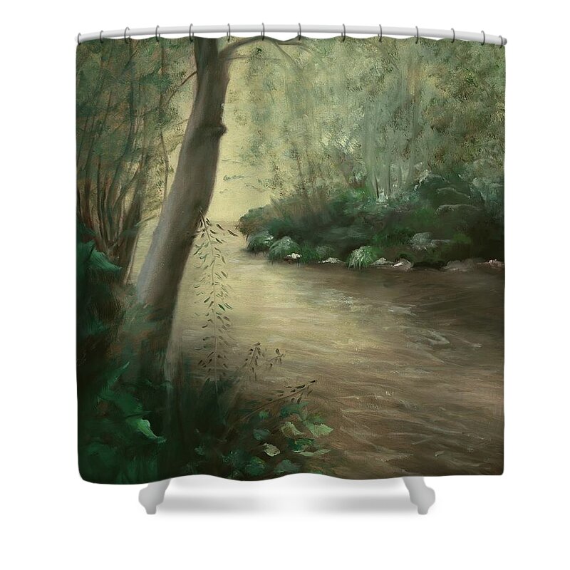 Oak Creek Canyon Shower Curtain featuring the painting Path to Tranquility by Juliette Becker