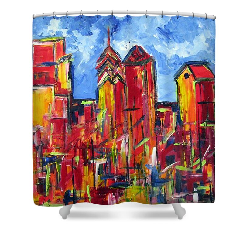 Philadelphia Shower Curtain featuring the painting Red Blue Philly Skyline by Britt Miller