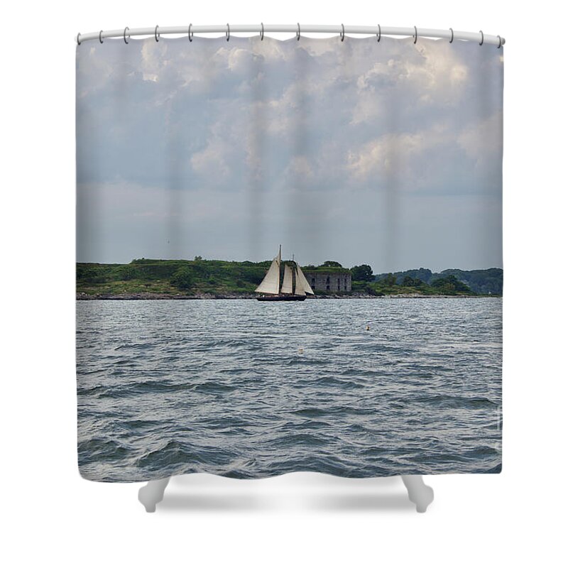  Shower Curtain featuring the pyrography Portland Harbor by Annamaria Frost