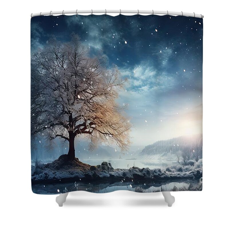 Winter Shower Curtain featuring the painting Premium Premium Tree In Winter Landscape In Late Evening In Snowfall #1 by N Akkash