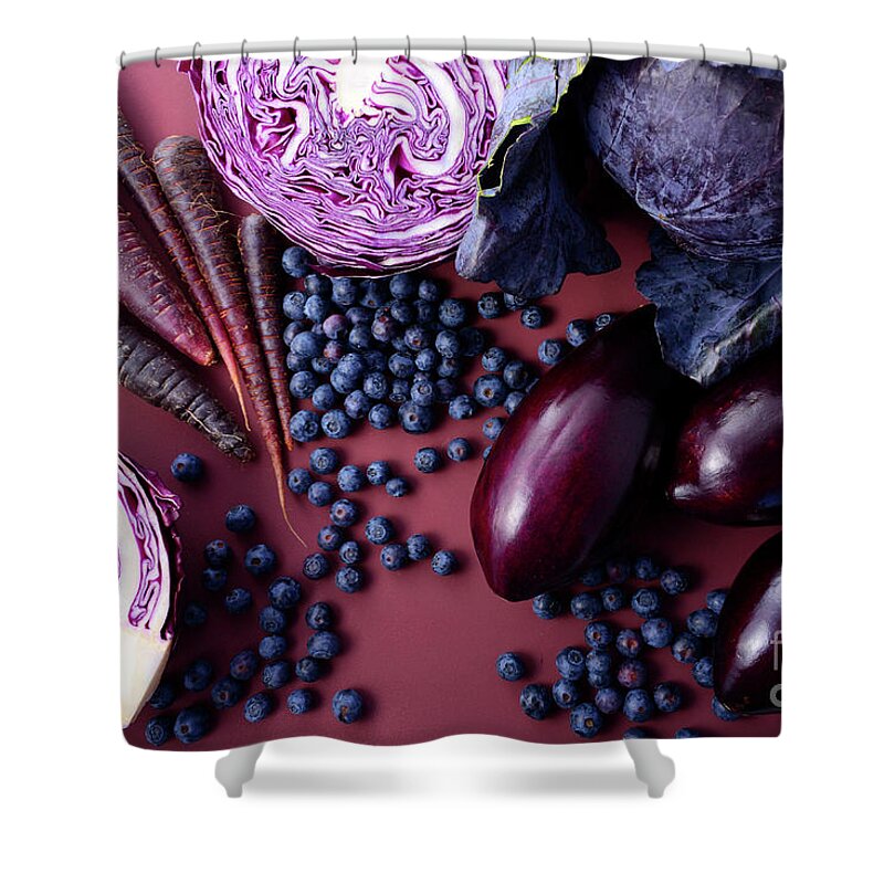 Aerial View Shower Curtain featuring the photograph Purple fruits and vegetables #1 by Milleflore Images