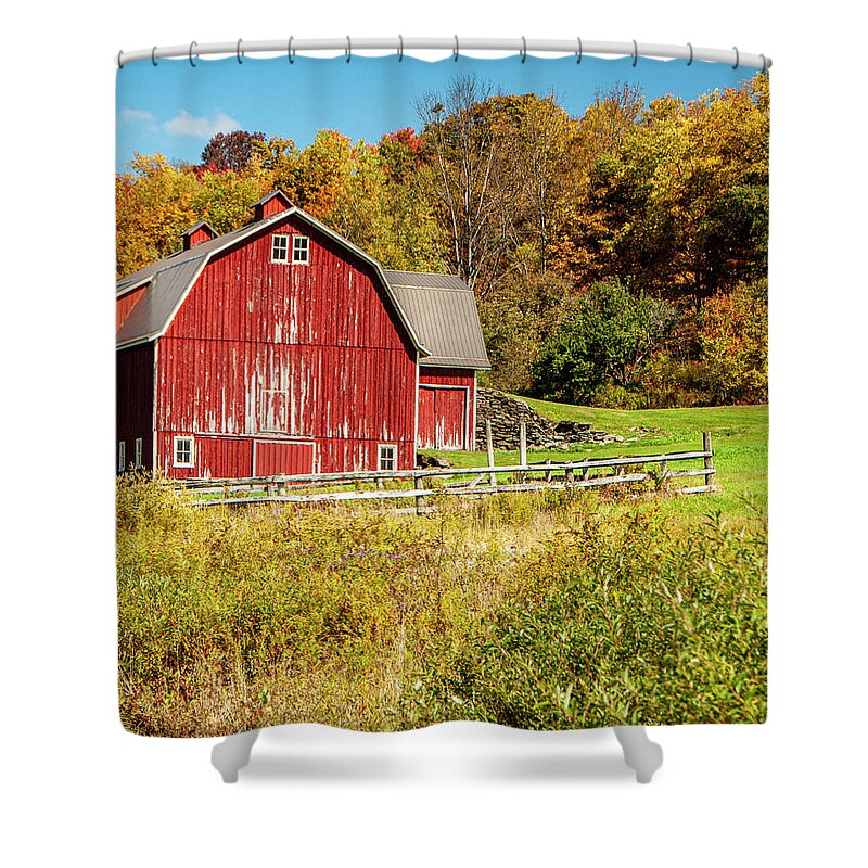 Rural Shower Curtain featuring the photograph Red Barn Farm #1 by Cathy Kovarik