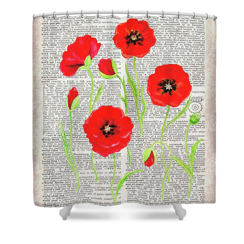 Dictionary Shower Curtain featuring the painting Red Poppies Wildflowers Dictionary Page Watercolor #1 by Irina Sztukowski