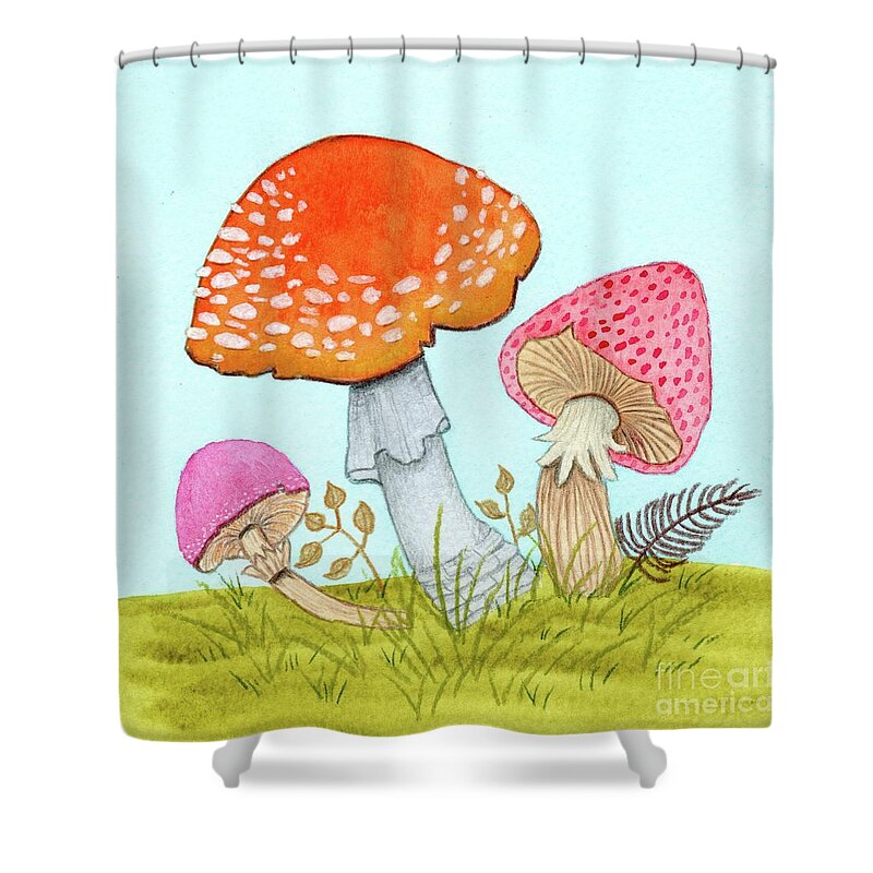 Retro Mushrooms Shower Curtain featuring the painting Retro Mushrooms 3 by Donna Mibus