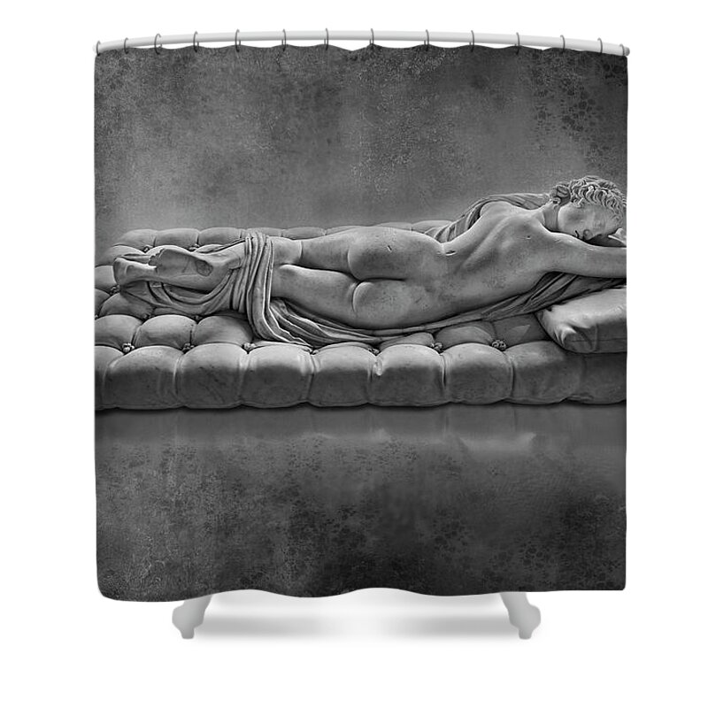 Roman Sculpture Shower Curtain featuring the sculpture Roman statue of The Borghese Hermaphrodite - black and white wall art print by Paul E Williams