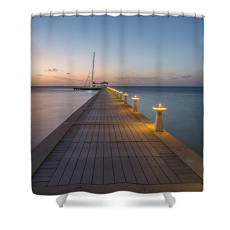 3scape Shower Curtain featuring the photograph Rum Point Pier at Sunset #1 by Adam Romanowicz
