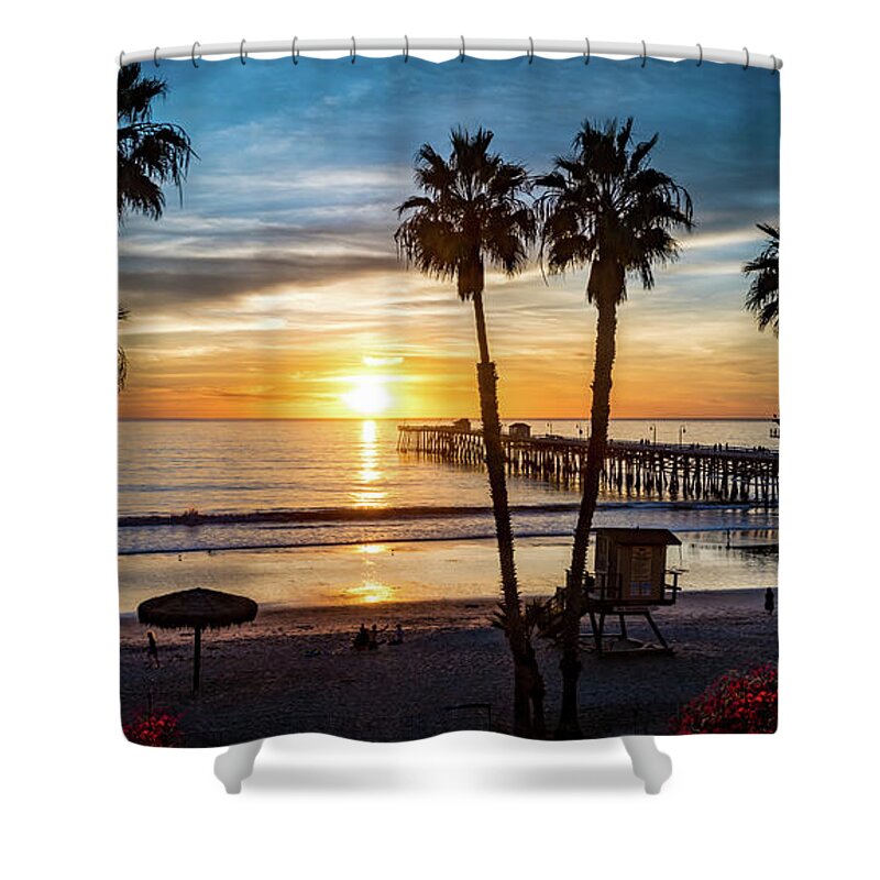 Beach Shower Curtain featuring the photograph San Clemente Pier at Sunset by David Levin