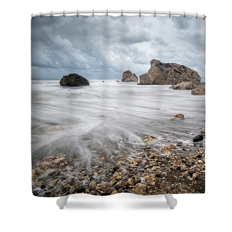 Sea Waves Shower Curtain featuring the photograph Seascape with windy waves during stormy weather on a rocky coast by Michalakis Ppalis