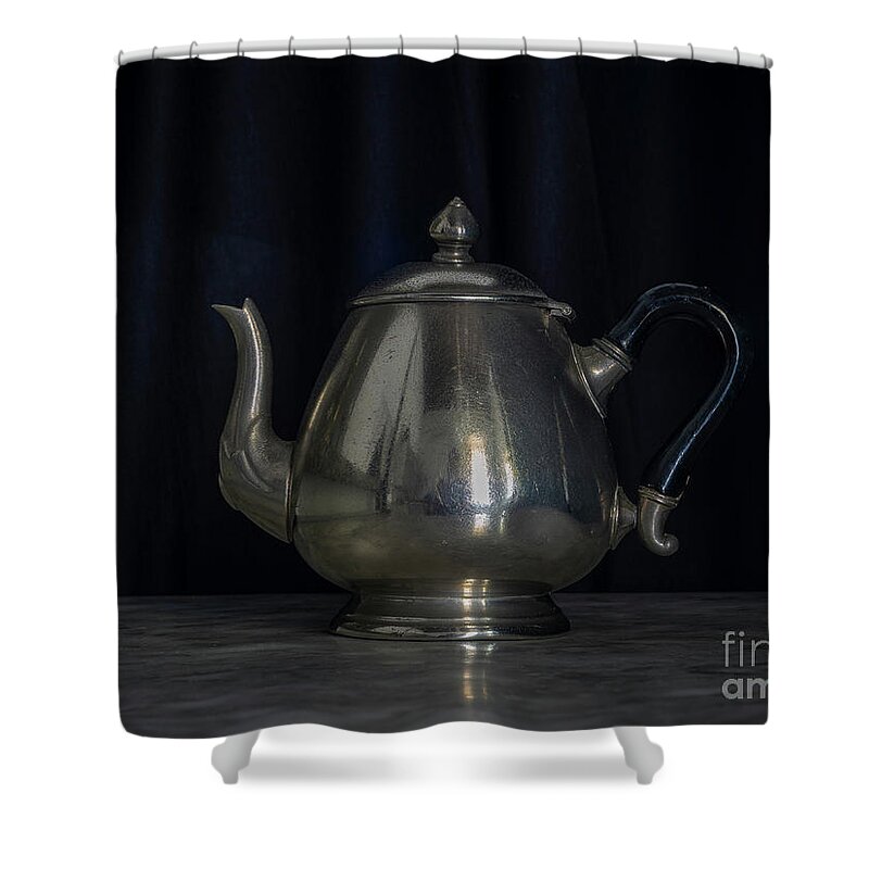 Past Shower Curtain featuring the photograph Silver and Brass Teapots Black Background Marble Table by Pablo Avanzini