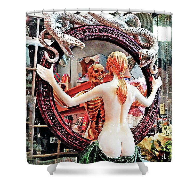 Female. Horror Shower Curtain featuring the photograph Skeleton In The Mirror #1 by Andrew Lawrence