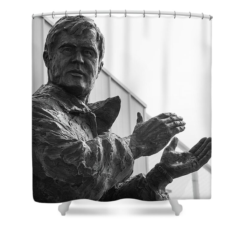 Bozeman Montana Shower Curtain featuring the photograph Sonny Holland statue at Montna State University in black and white #1 by Eldon McGraw