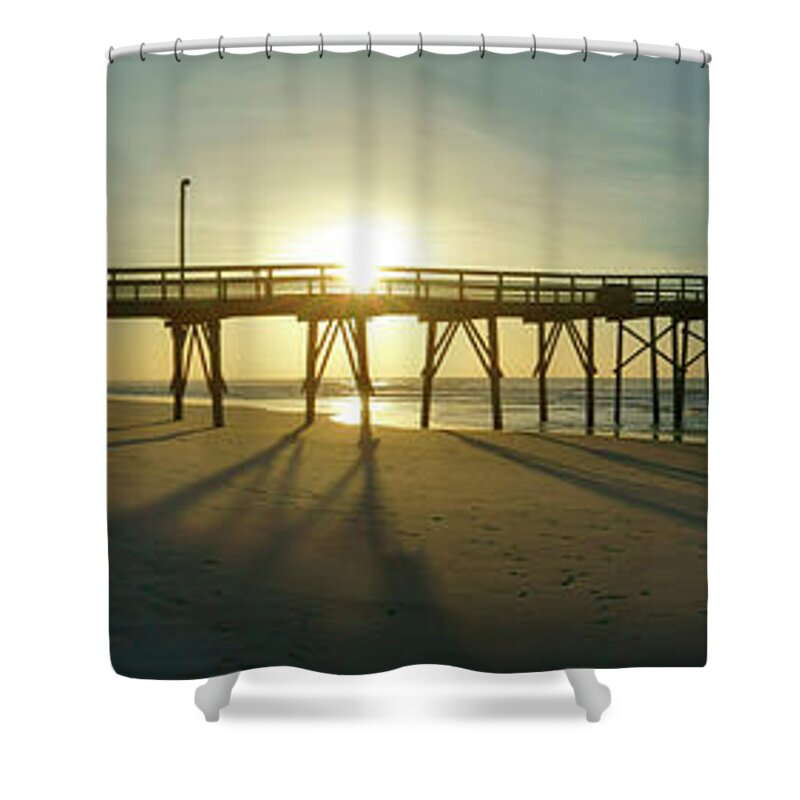 Beach Scene Shower Curtain featuring the photograph Sunrise at the Jolly Roger Pier #1 by Mike McGlothlen