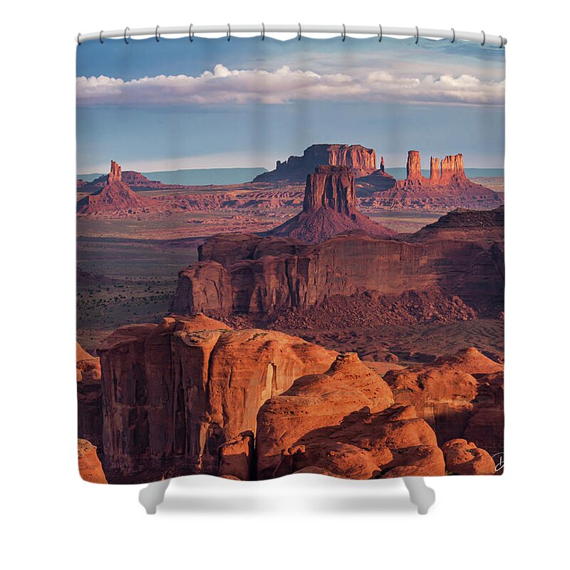 Southwest Desert Arizona Monument Valley Dineh Sunrise Stagecoach Red Rock Colorado Plateau Shower Curtain featuring the photograph Sunrise from Hunt's Mesa by Dan Norris