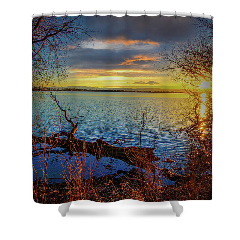 Autumn Shower Curtain featuring the photograph Sunset Over Lake Framed By TreesSunset Over Lake Framed By Trees by Tom Potter
