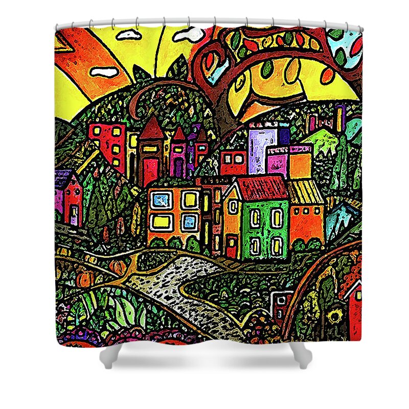 Sunset Shower Curtain featuring the drawing Sunset Valley #1 by Monica Engeler
