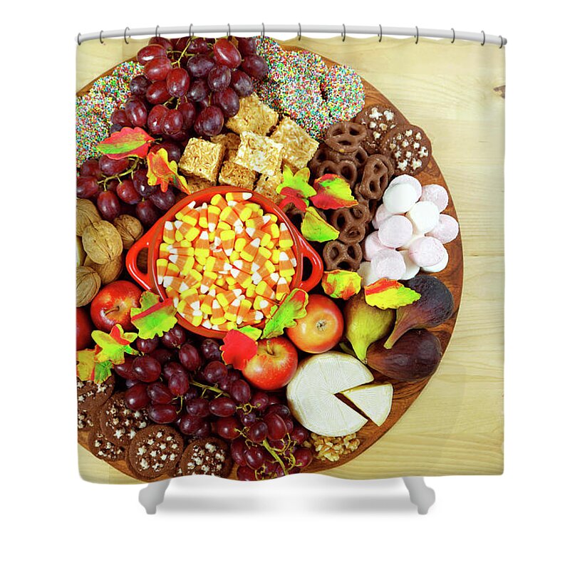 Thanksgiving Shower Curtain featuring the photograph Thanksgiving cheese and dessert grazing platter charcuterie board. #1 by Milleflore Images