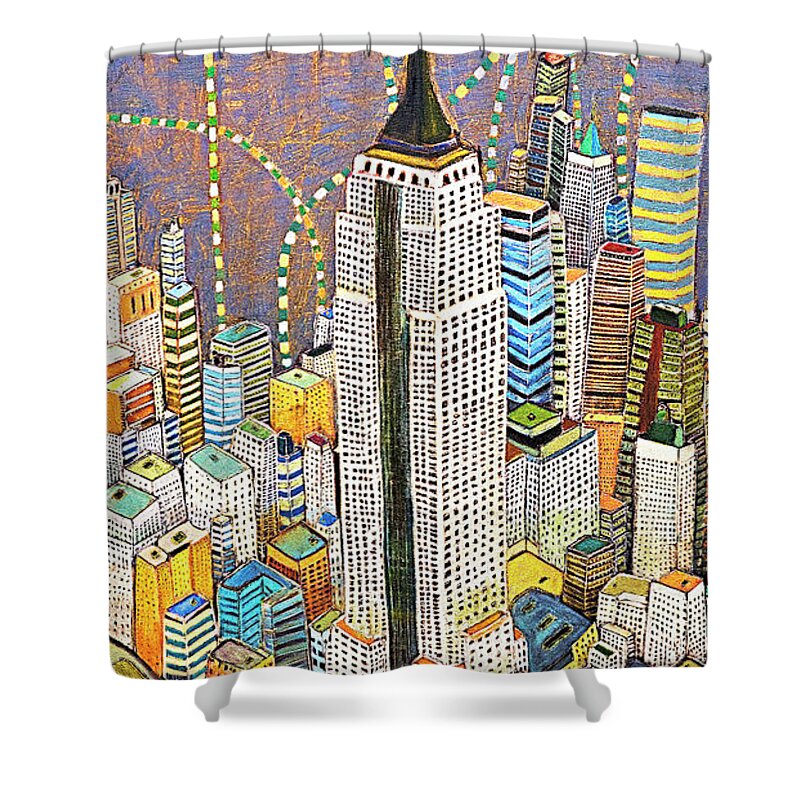 Skyline Shower Curtain featuring the painting The Empire of Manhattan NYC skyline with Empire state building by Habib Ayat