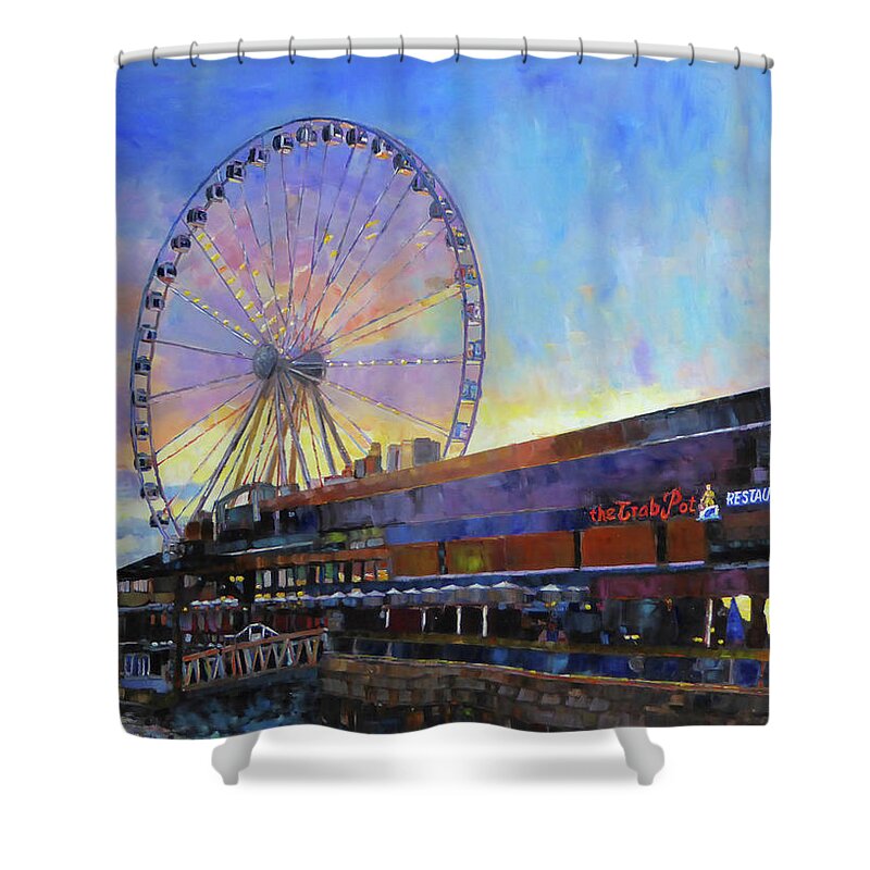 Seattle Shower Curtain featuring the mixed media The Great Wheel #2 by Sarah Ghanooni