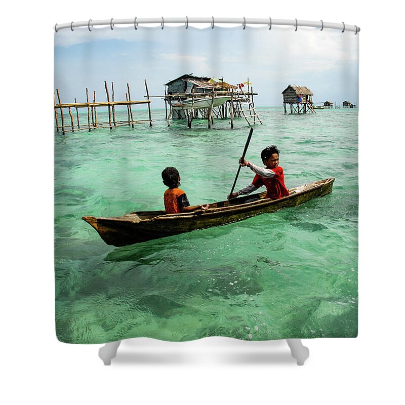 Sea Shower Curtain featuring the photograph Neptune's Children - Sea Gypsy Village, Sabah. Malaysian Borneo by Earth And Spirit