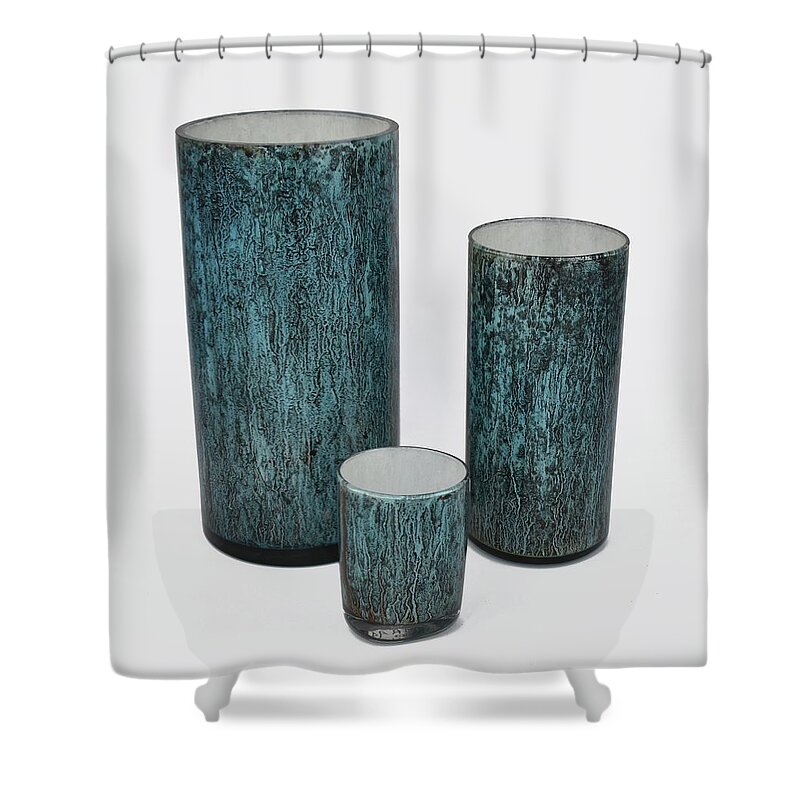 Glass Shower Curtain featuring the glass art Three Blue Cylinders #2 by Christopher Schranck