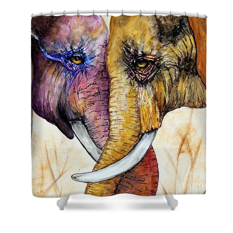 Elephants Shower Curtain featuring the painting Together Forever #1 by Maria Barry
