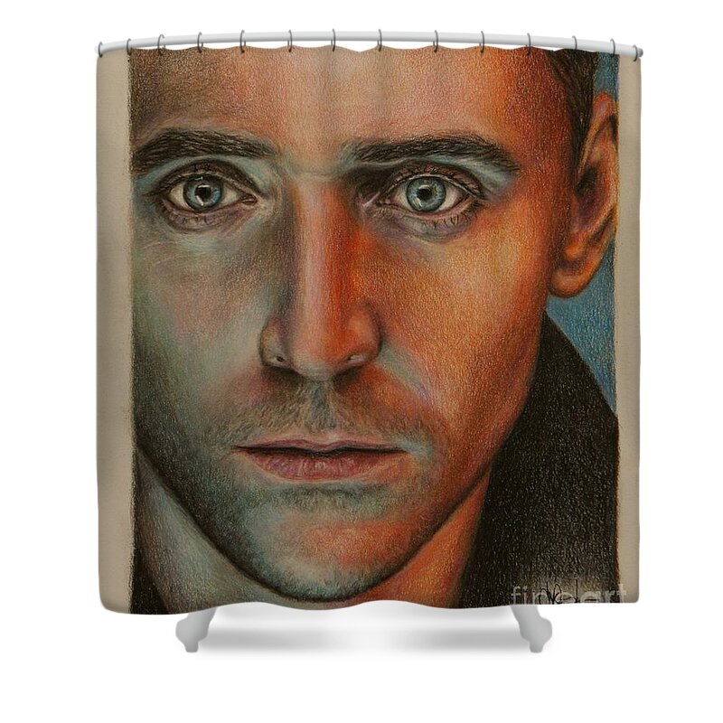 Tom Hiddleston Shower Curtain featuring the drawing Tom Hiddleston #1 by Christine Jepsen