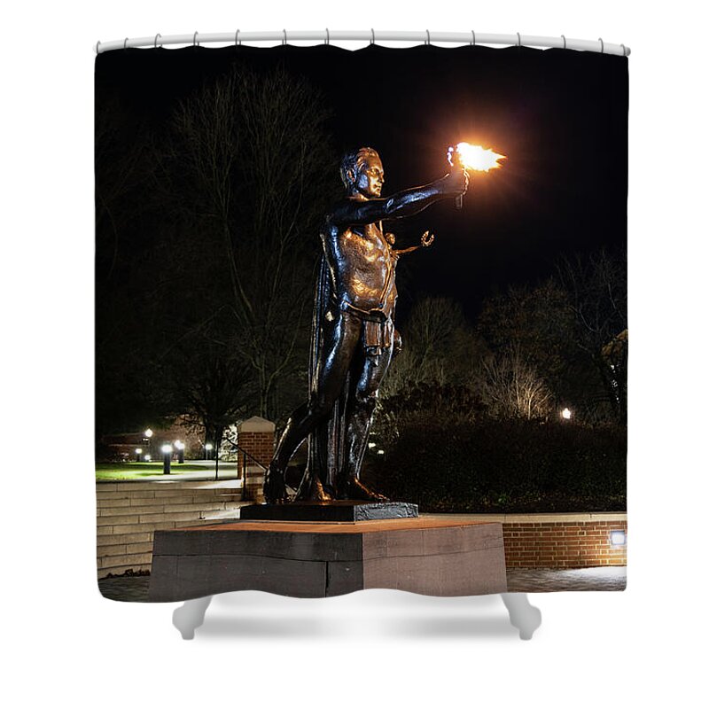 University Of Tennessee At Night Shower Curtain featuring the photograph Torchbearer statue at the University of Tennessee at night by Eldon McGraw