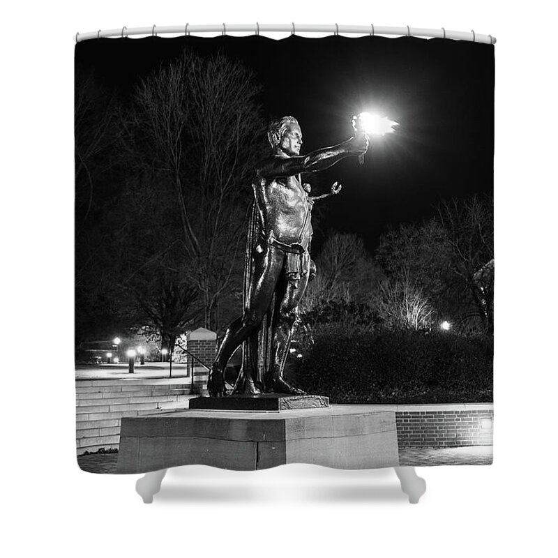 University Of Tennessee At Night Shower Curtain featuring the photograph Torchbearer statue at the University of Tennessee at night in black and white by Eldon McGraw