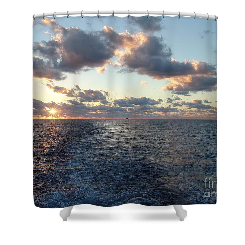 #gulfofmexico #underway #highseas #evening #dusk #sunset #nightfall #clouds #cloudy #tealskies #peachskies #wake #sprucewoodstudios Shower Curtain featuring the photograph Trails in the Sea by Charles Vice