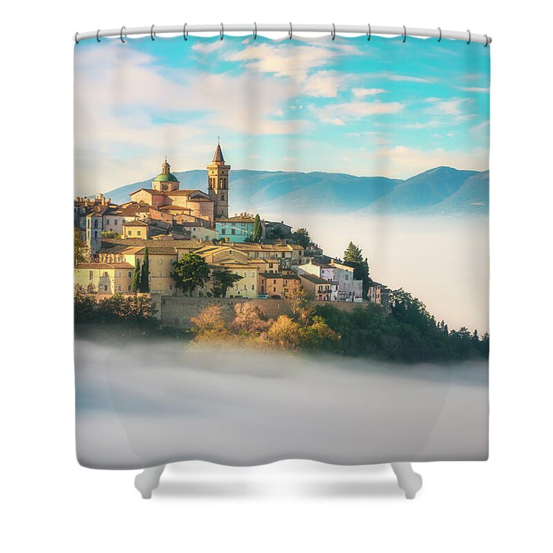 Trevi Shower Curtain featuring the photograph Trevi picturesque village in a foggy morning. Perugia, Umbria, I by Stefano Orazzini