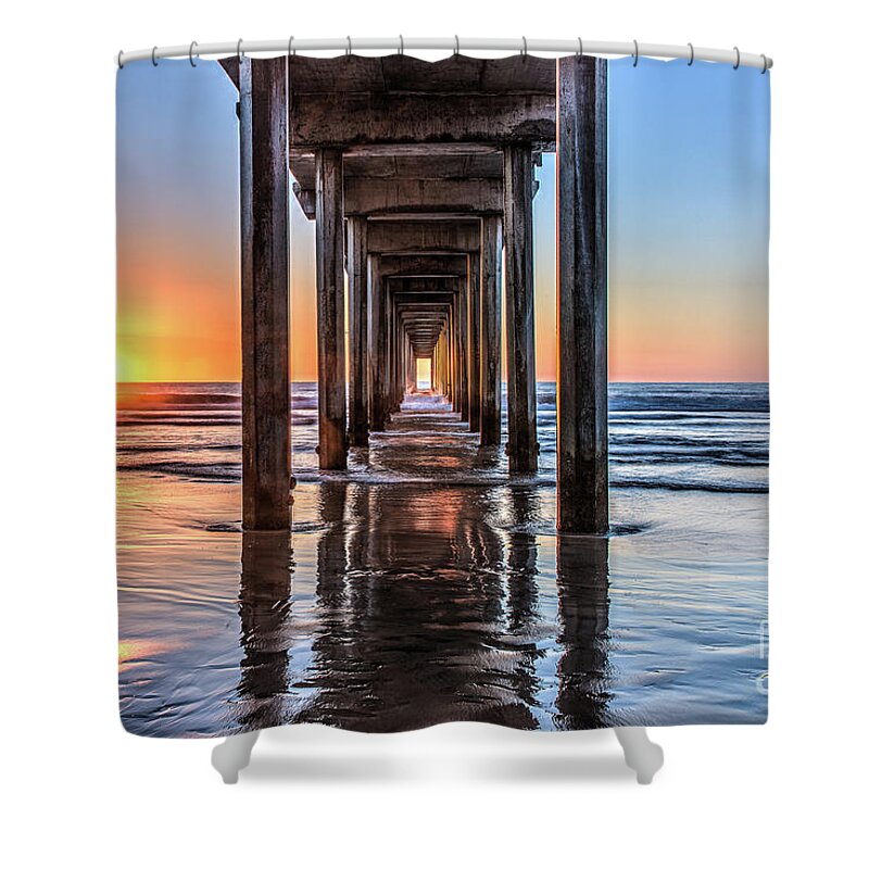 Beach Shower Curtain featuring the photograph Under Scripps Pier at Sunset by David Levin