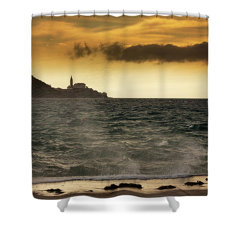 Strunjan Shower Curtain featuring the photograph View of Saint George's Parish Church in Piran by Ian Middleton