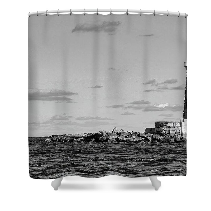 Black And White Shower Curtain featuring the digital art Whaleback Lighthouse - Kittery, Maine #1 by Deb Bryce