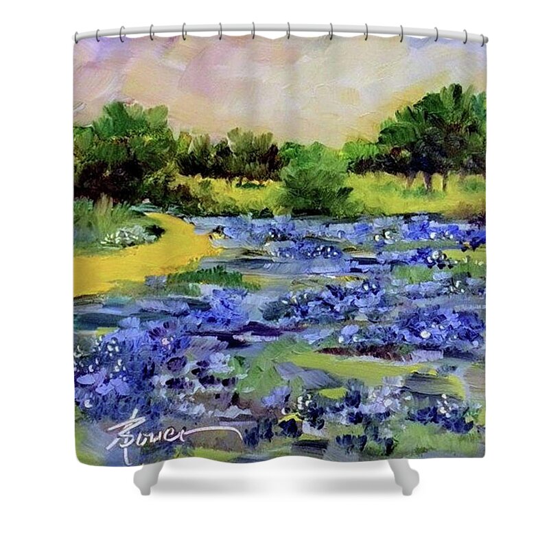 Bluebonnets Shower Curtain featuring the painting Where The Beautiful Bluebonnets Grow #2 by Adele Bower