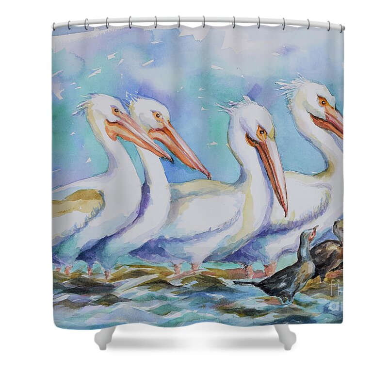  Shower Curtain featuring the painting White Pelicans #2 by Jyotika Shroff