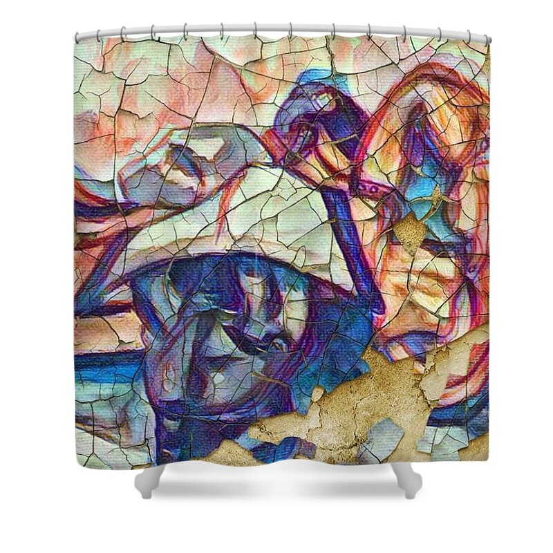  Shower Curtain featuring the mixed media Workin' shoes by Angie ONeal