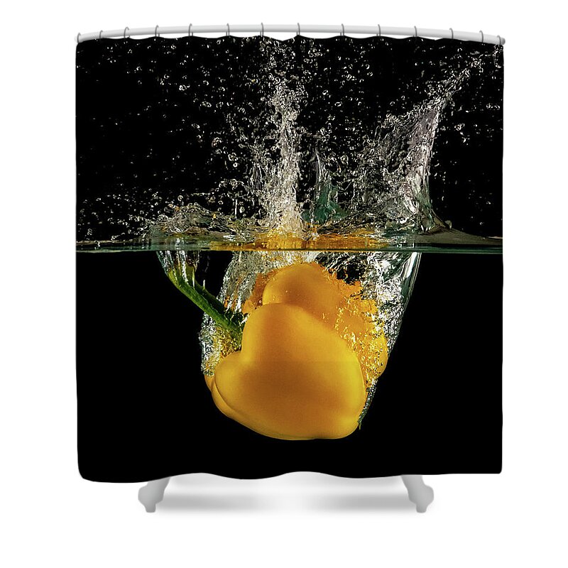 Pepper Shower Curtain featuring the photograph Yellow bell pepper dropped and slashing on water by Michalakis Ppalis