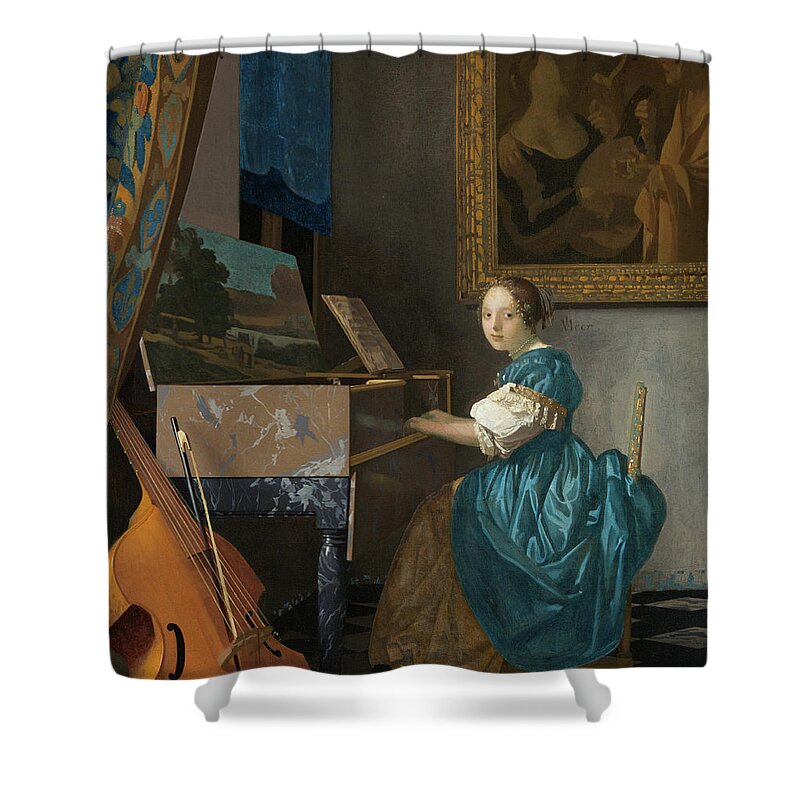 Piano Shower Curtain featuring the painting Young Woman Seated at a Virginal #1 by Johannes Vermeer