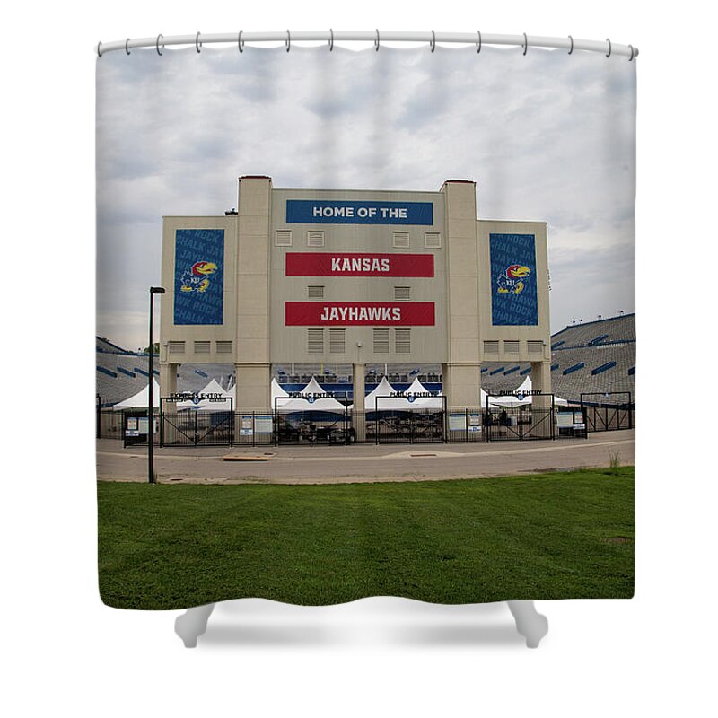 Kansas Jayhawks Shower Curtain featuring the photograph Close up of David Booth Memorial Stadium at University of Kansas #1 by Eldon McGraw