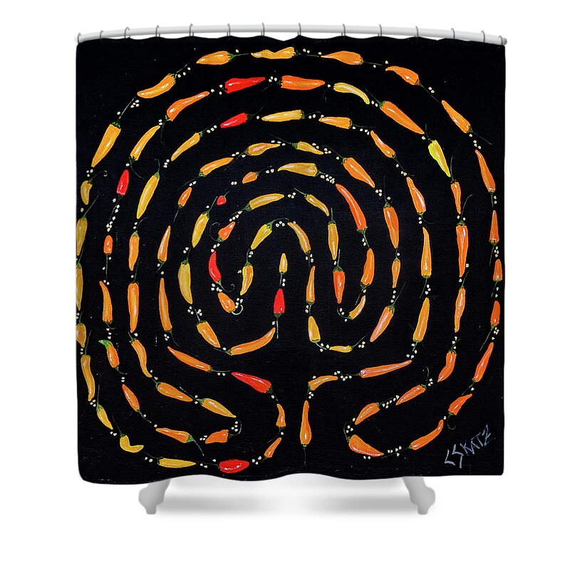 Chilis Shower Curtain featuring the painting 100 Chili Labyrinth by Cyndie Katz