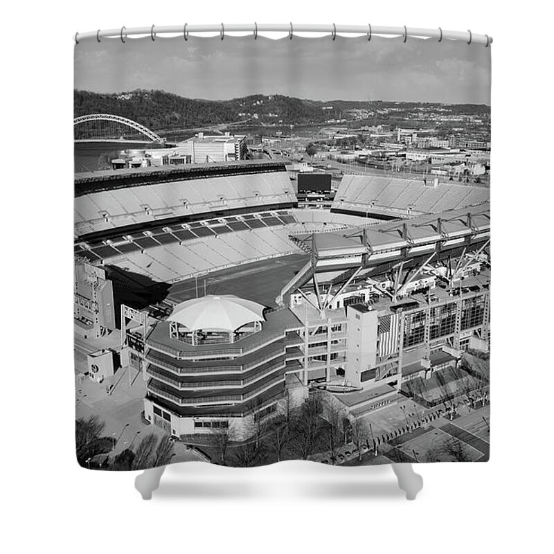 Pittsburgh Steelers Shower Curtain featuring the photograph Pittsburgh Steelers Heinz Field in Pittsburgh Pennsylvania in black and white #11 by Eldon McGraw