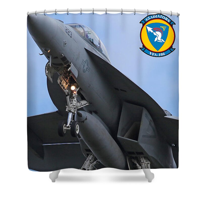 F/a-18f Shower Curtain featuring the digital art VFA-106 F/A-18F Super Hornet on short final to 23 L NAS Oceana by Custom Aviation Art