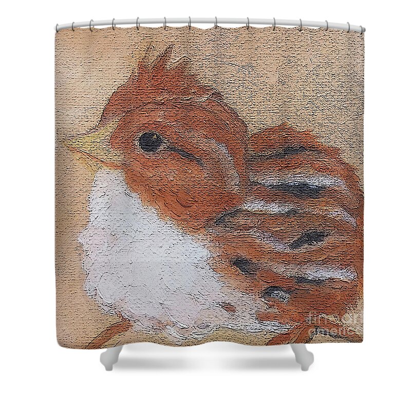 Baby Bird Shower Curtain featuring the painting 13 Baby Quail by Victoria Page
