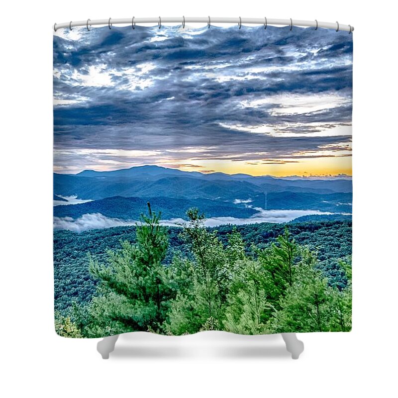 Lifestyle Shower Curtain featuring the photograph View of Lake Jocassee at sunset, from Jumping Off Rock, South Ca #15 by Alex Grichenko