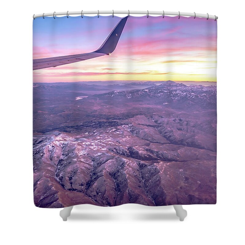 Flying Shower Curtain featuring the photograph Flying Over Rockies In Airplane From Salt Lake City At Sunset #17 by Alex Grichenko
