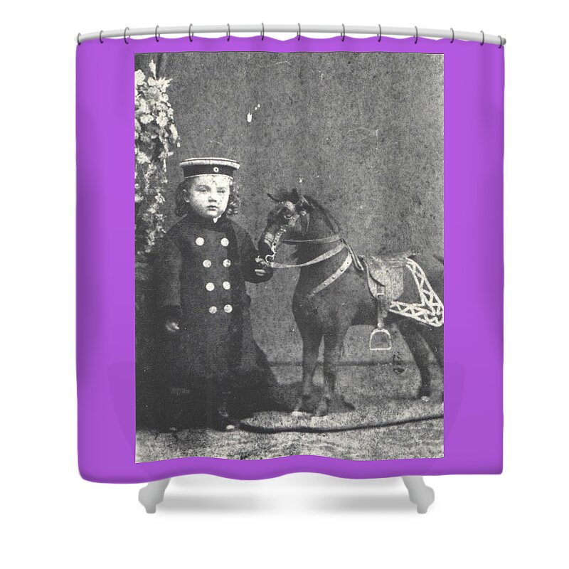 Boy Shower Curtain featuring the photograph 1876 Boy with Toy Horse, Antique Photograph by Thomas Dans