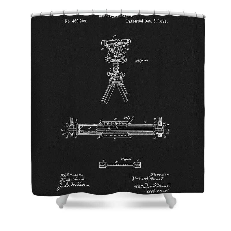 1891 Surveyor Instrument Patent Shower Curtain featuring the drawing 1891 Surveyor Transit PAtent by Dan Sproul